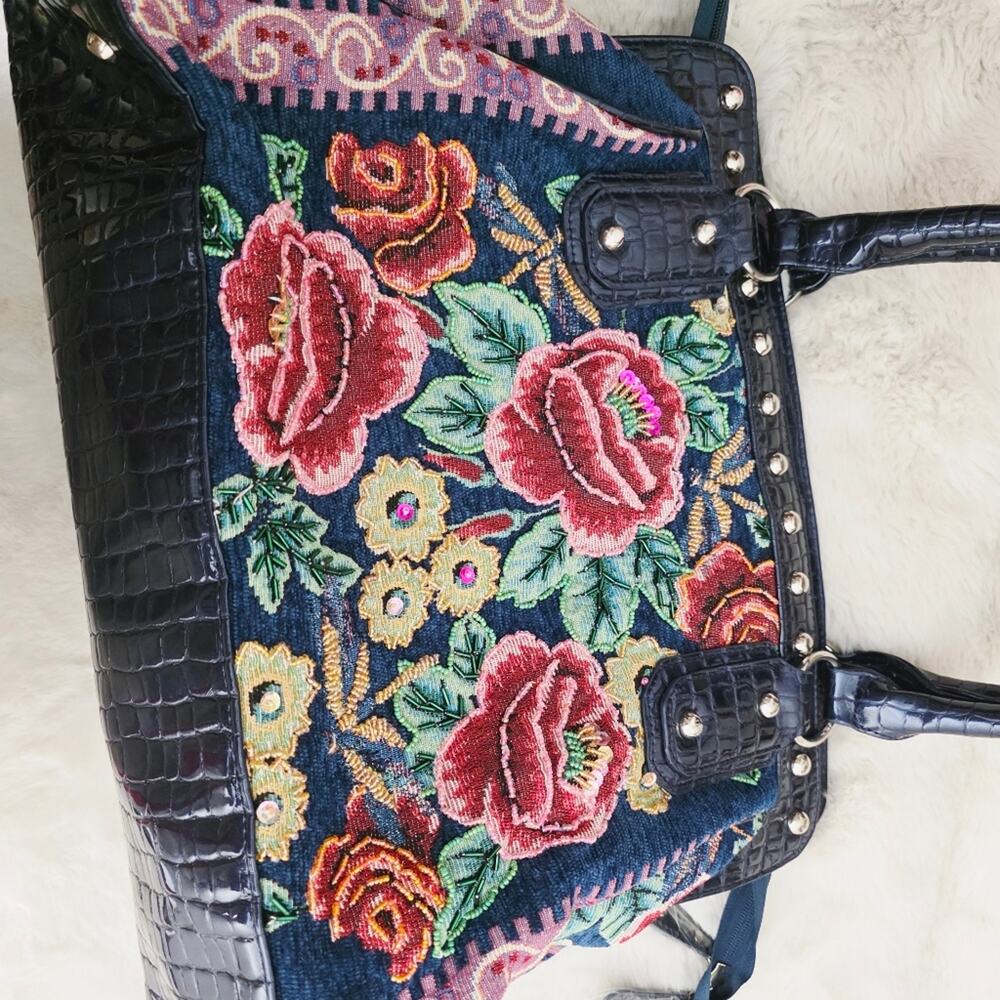 Mod X Navy Blue Floral Tapestry Embroidered Shoulder Bag Tote Silver Studded L - Picture 9 of 12